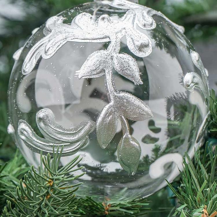Прозрачный ёлочный шар с серебряным акантом Glass Acanthus Swirl Leaf Ball Clear/Silver 10 cm