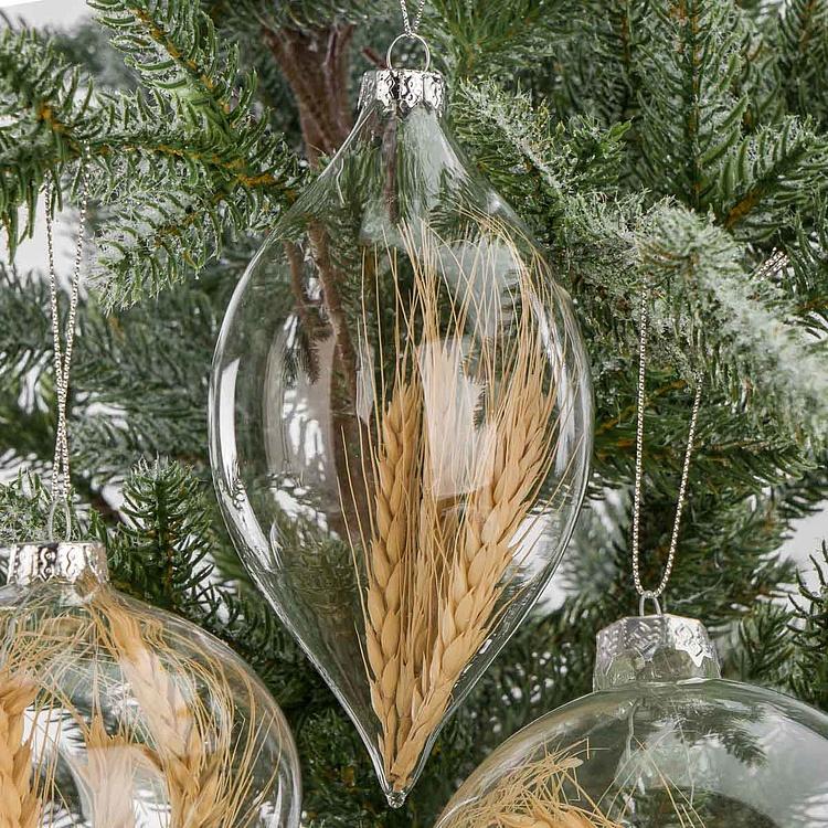 Набор из трёх ёлочных игрушек с колосьями внутри Set Of 3 Glass Dried Ear Of Corn Ball Clear 10 cm
