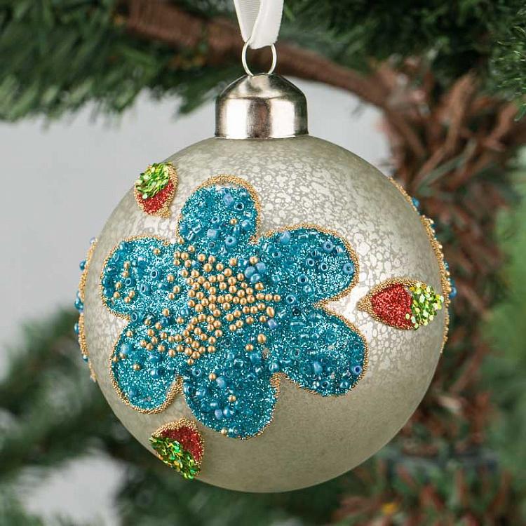 Ёлочная игрушка Бежевый шар с цветком Ball With Flower Champagne 8 cm