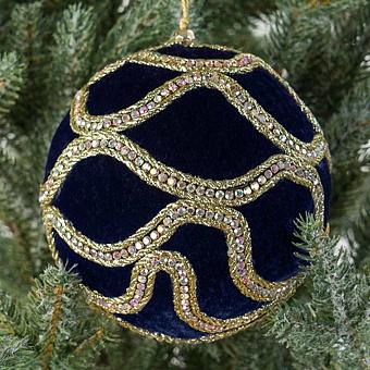 Gold Ornament Velvet Ball Dark Blue 12 cm