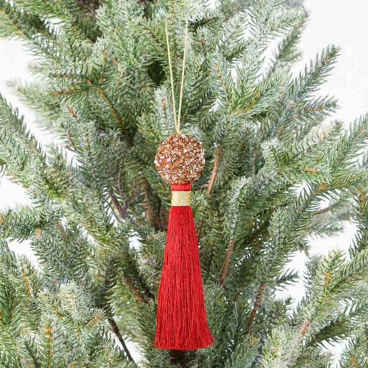 Новогодняя подвеска Красная кисточка с шаром из бисера Bead Ball Pendant With Red Tassel 16 cm