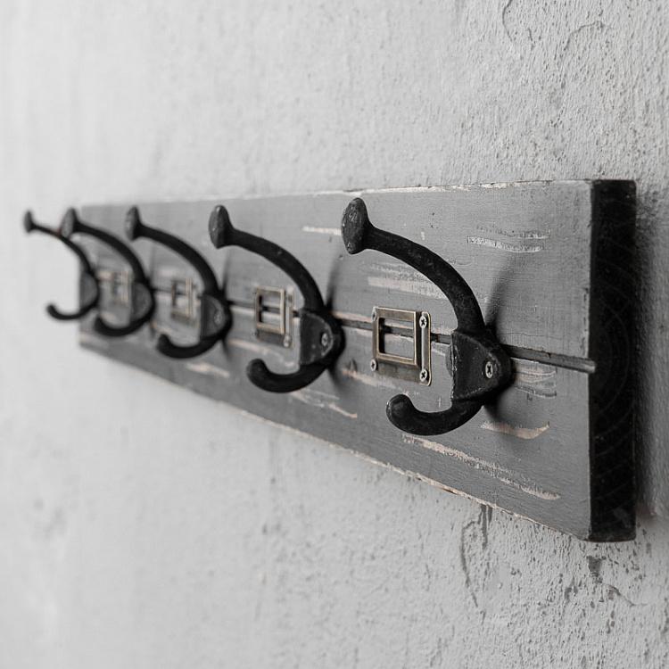 Пятиместная настенная вешалка из состаренного дерева Coat Hanger Black Patina With 5 Hooks