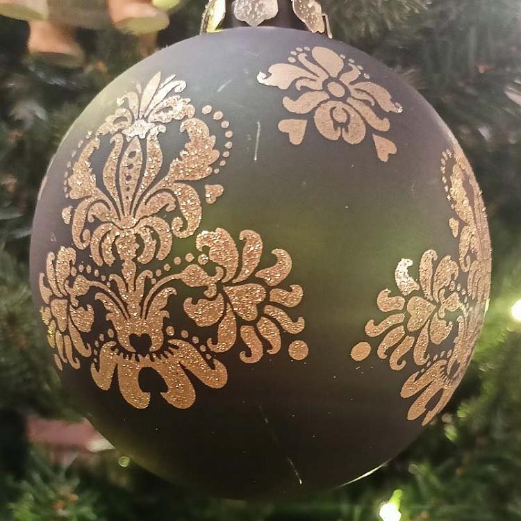 Зелёный ёлочный шар с золотым узором дисконт1 Glass Matte Glitter Brocade Ball Green 10 cm discount1