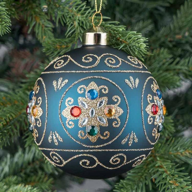 Ёлочная игрушка Синий шар с узором и стразами Pattern Ball Blue 10 cm