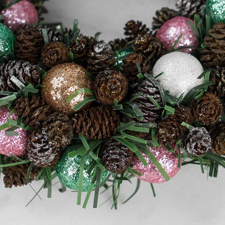 Новогодний венок с шишками и перламутровыми шарами 2, M Wreath Bagel 2 Medium