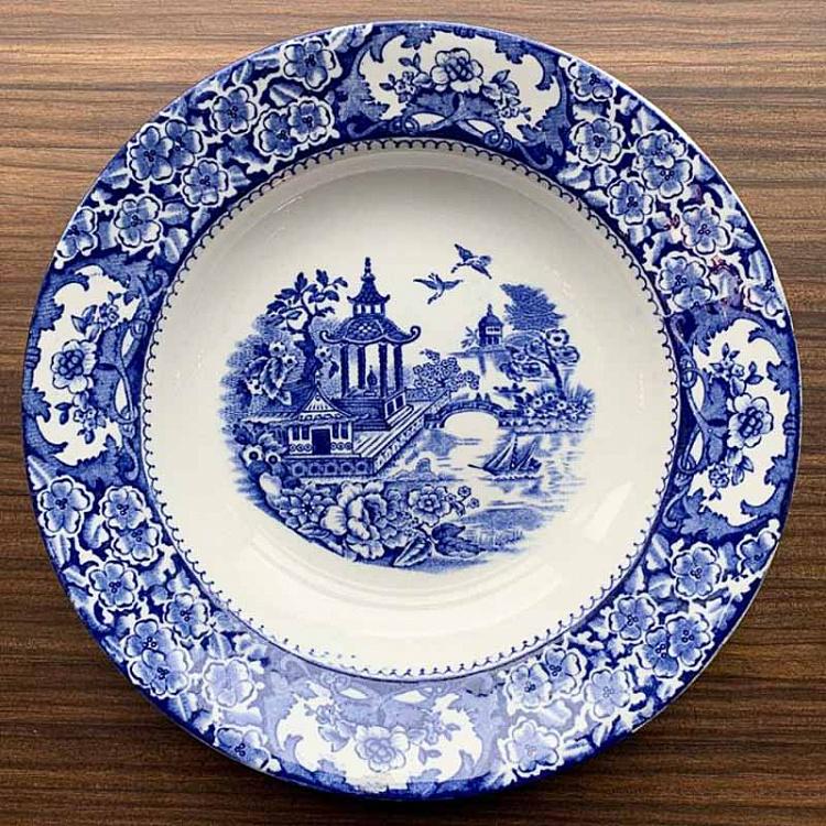 Винтажная тарелка белая с голубым мотивом 6, M Vintage Plate Blue White Medium 6