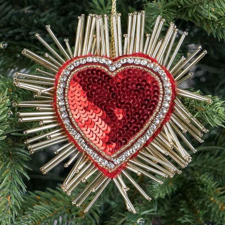 Ёлочная игрушка Красное сердце с блёстками Heart With Sequins Red 13 cm
