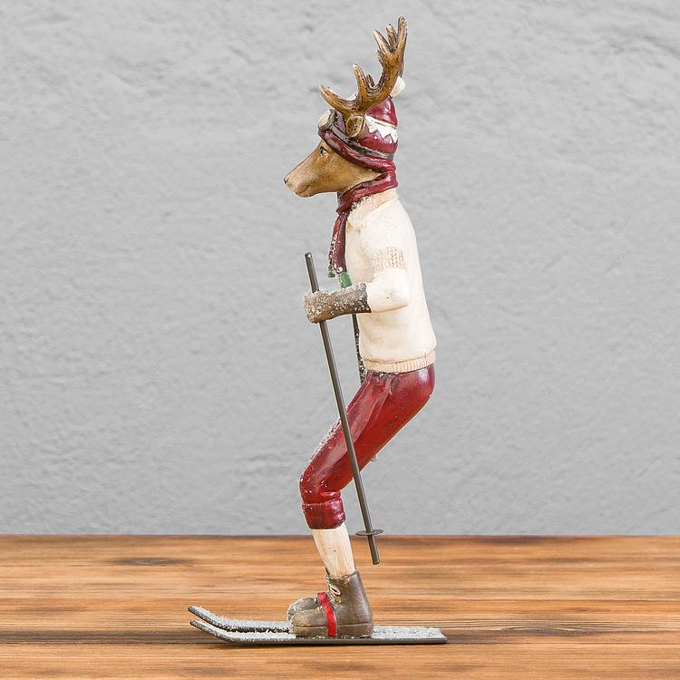 Новогодняя фигурка Олень на лыжах Skiing Deer Cream Burgundy 28,5 cm