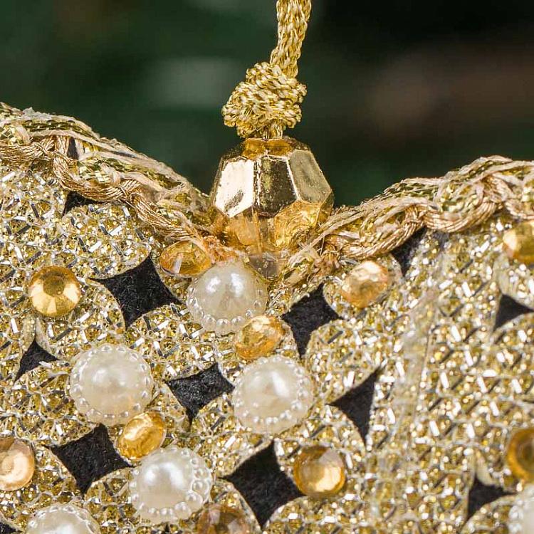 Ёлочная игрушка Чёрно-золотое сердце с жемчужинами Heart With Pearls Black Gold 12 cm
