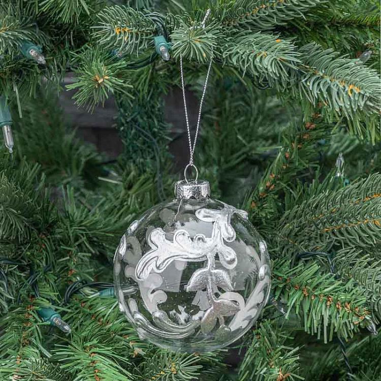 Прозрачный ёлочный шар с серебряным акантом Glass Acanthus Swirl Leaf Ball Clear/Silver 10 cm