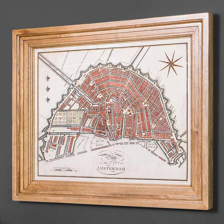 Картина-принт Карта Амстердама, рама из высветленного дуба Classic Map Amsterdam, Weathered Oak