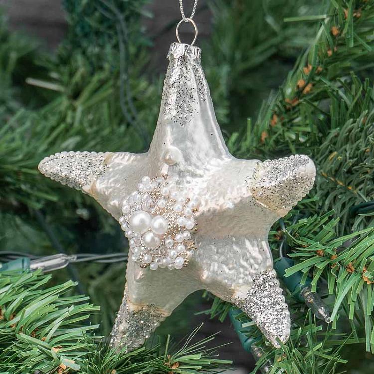 Ёлочная игрушка Морская звезда с жемчугом Glass Pearl Starfish White 12 cm
