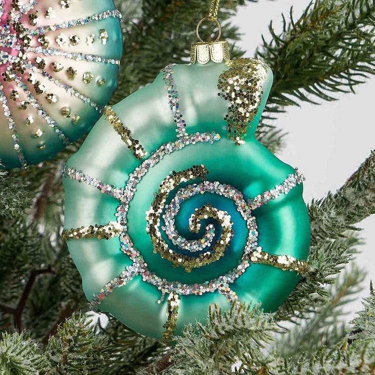 Набор из двух ёлочных игрушек Раковина и морской ёж Set Of 2 Glass Pearl Shells Urchin Blue Pink 10 cm