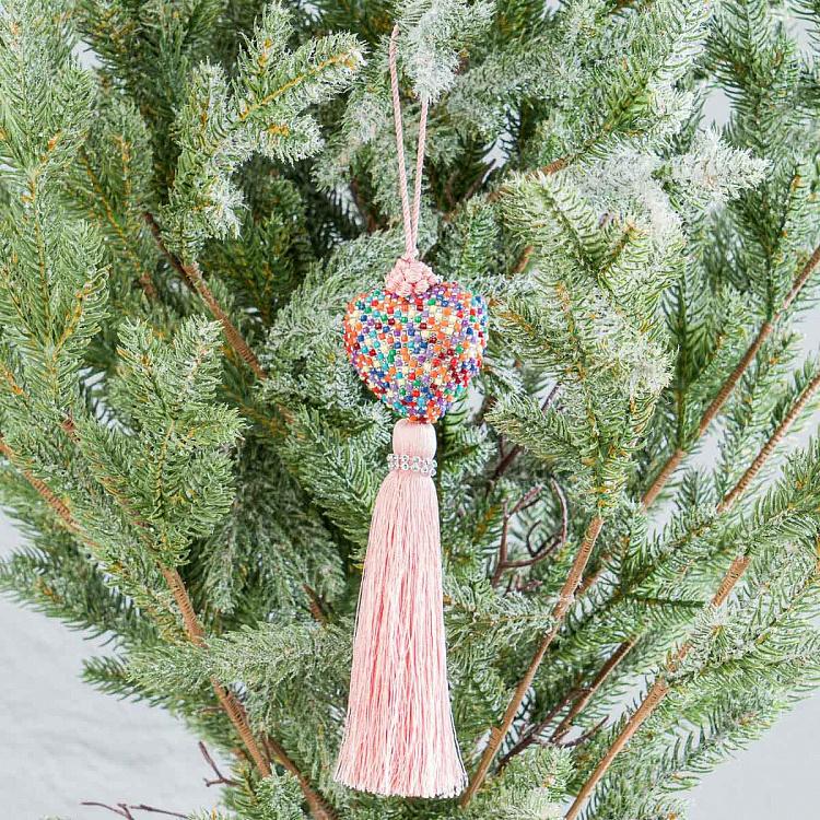 Новогодняя подвеска Разноцветное сердце с розовой кисточкой Multicolored Heart Pendant With Pink Tassel 19 cm