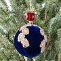Ёлочная игрушка Gold Applique And Bead Velvet Ball Blue 15 cm