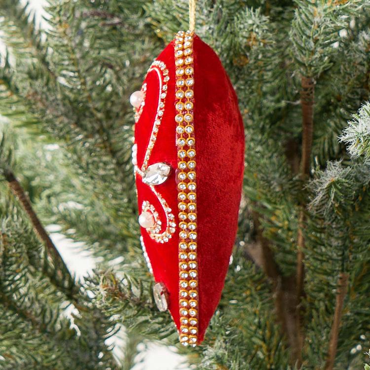 Ёлочная игрушка Бархатное красное сердце с цветочным узором Beads Pattern Velvet Heart Red 12 cm