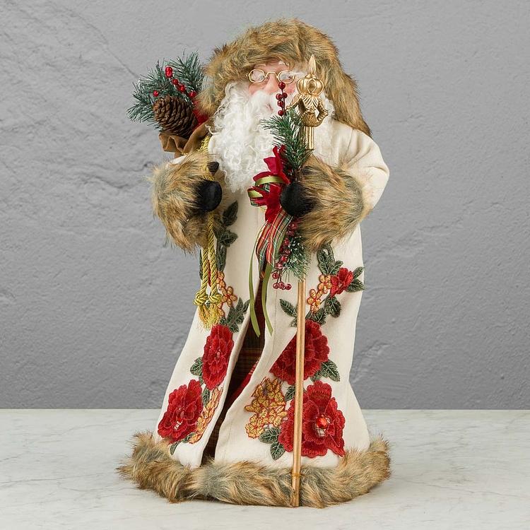 Новогодняя фигурка Санта в белой с цветочным узором шубе Santa Claus In White Fur Coat With Flowers 46 cm