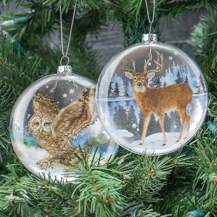 Набор из двух ёлочных игрушек Диски с оленем и совой Set Of 2 Glass Deer And Owl Disces White/Brown 11 cm
