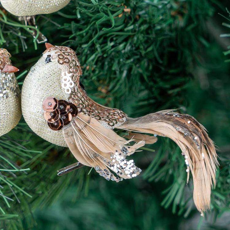 Набор из трёх ёлочных игрушек на прищепке Блестящие птички цвета розовое золото Set Of 3 Sequin Birds On Clip Pink/Rosy Gold 11 cm