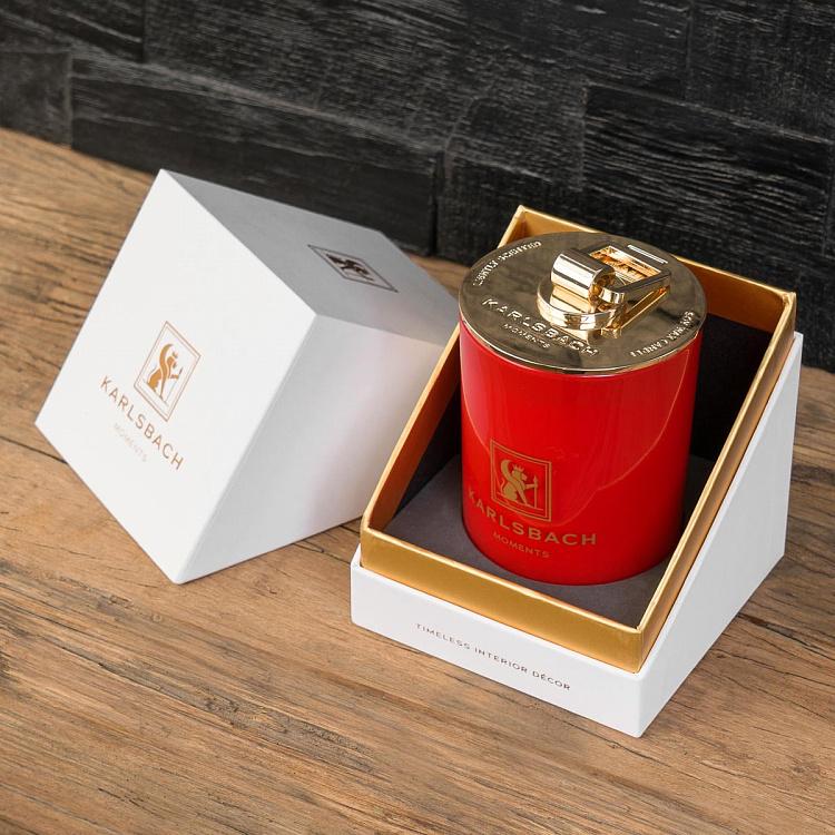 Аромасвеча в красном стакане с золотой крышкой Цветы апельсина Aroma Candle In Red Glass With Gold Lid Orange Blossoms