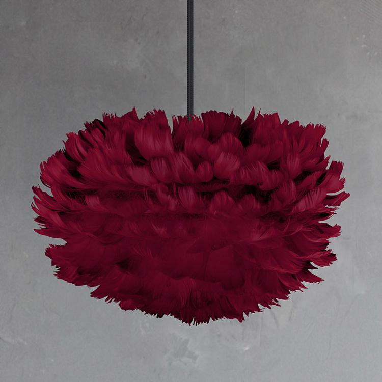 Подвесной светильник Эос на чёрном проводе с плоским потолочным колпаком, красные перья, S Eos Hanging Lamp With Black Cord Rosette Mini