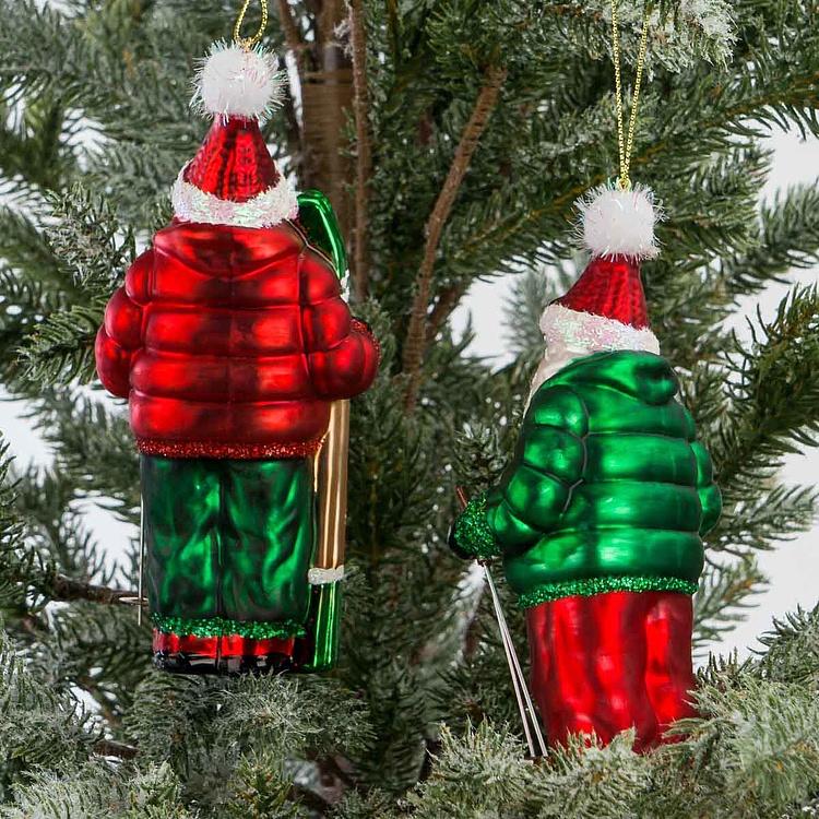 Набор из двух ёлочных игрушек Санты с лыжами Set Of 2 Glass Santas With Skis Red Green 15 cm