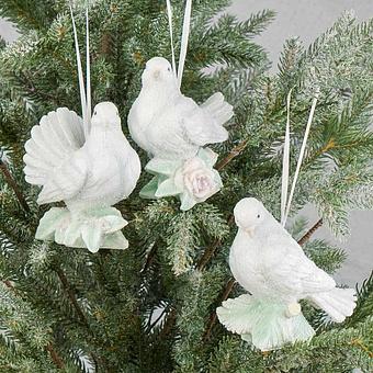 Set Of 3 Ice Doves With Roses White 11,5 cm