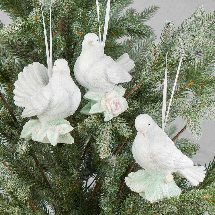Набор из трёх ёлочных игрушек Белые голубки с розами Set Of 3 Ice Doves With Roses White 11,5 cm