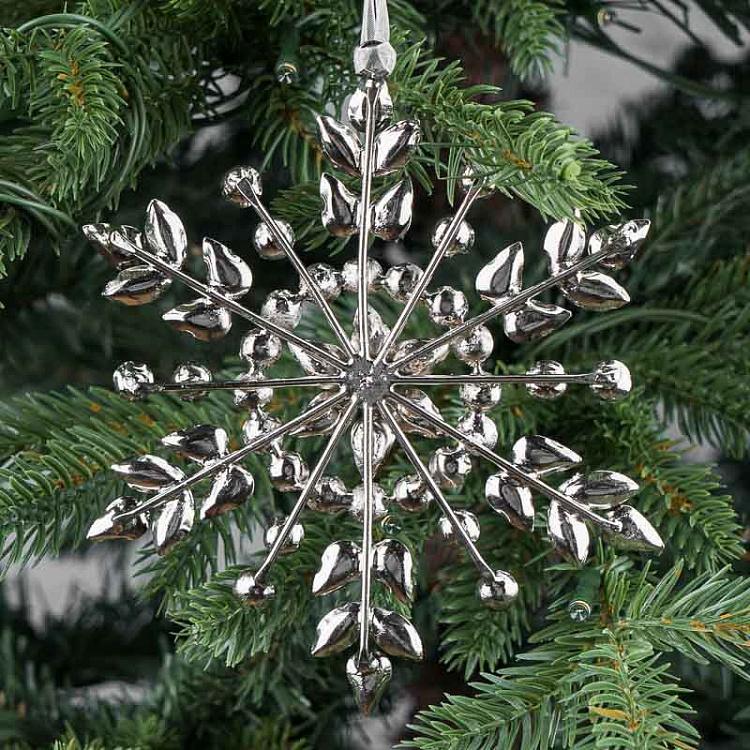 Ёлочная игрушка Серебристая снежинка с прозрачными бусинами, M Transparent Stones Snowflake Silver 14 cm