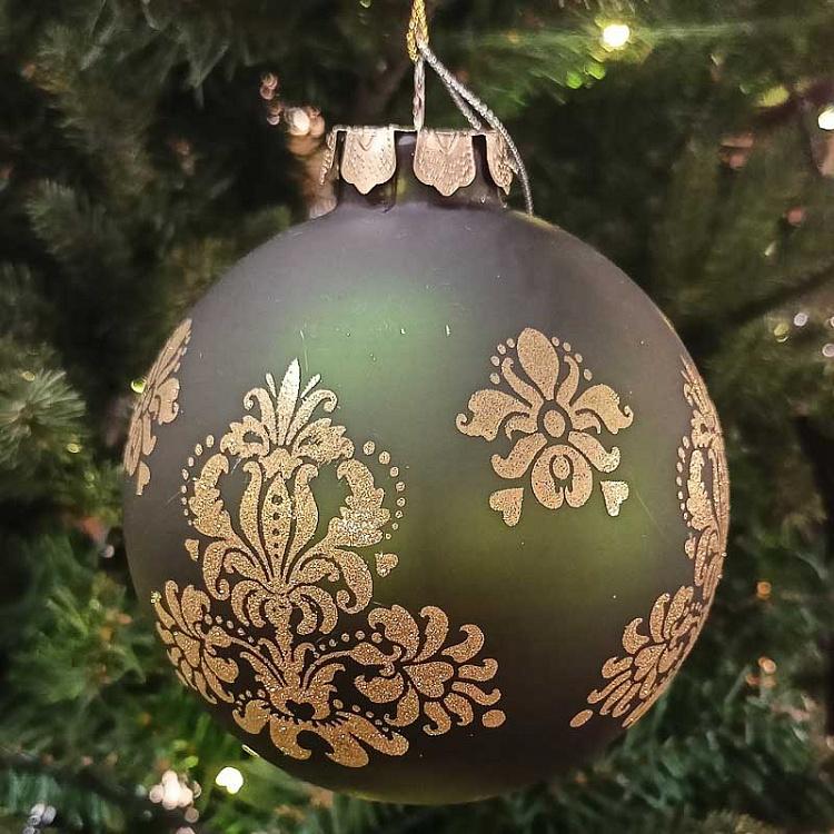 Зелёный ёлочный шар с золотым узором дисконт1 Glass Matte Glitter Brocade Ball Green 10 cm discount1