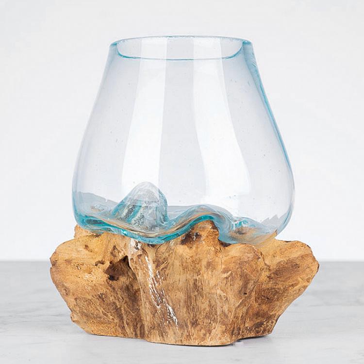 Стеклянная ваза на основании из корней тика Vase Ovale En Verre Sur Support En Racine De Teck