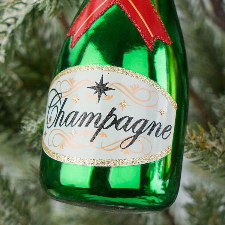 Набор из двух ёлочных игрушек Бутылки шампанского золотая и зелёная Set Of 2 Glass Champagne Bottles Gold Green 14 cm