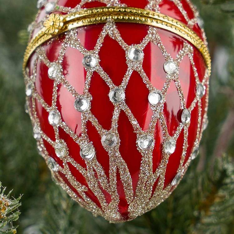 Ёлочная игрушка-шкатулка Красное яйцо с серебряным сеточным узором Xmas Egg Box Jewel Net Red Silver 9 cm