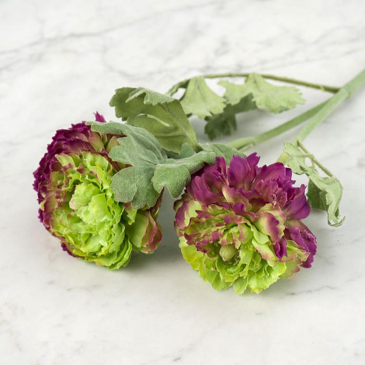 Искусственный махровый ранункулус светло-зелёный с фиолетовым Terry Ranunculus Light Green With Purple 62 cm