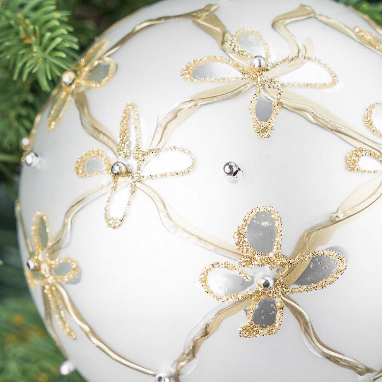 Ёлочная игрушка Белый шар с золотыми цветами Golden Flowers Ball White 10 cm