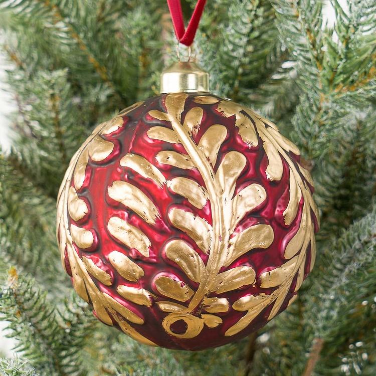 Ёлочная игрушка Красный шар с золотистым лиственным узором Gold Leaves Ball Red 10 cm