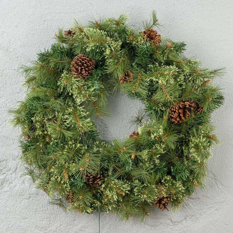 Новогодний венок с шишками и гирляндой 100 Led Pinecone Wreath Green 76 cm