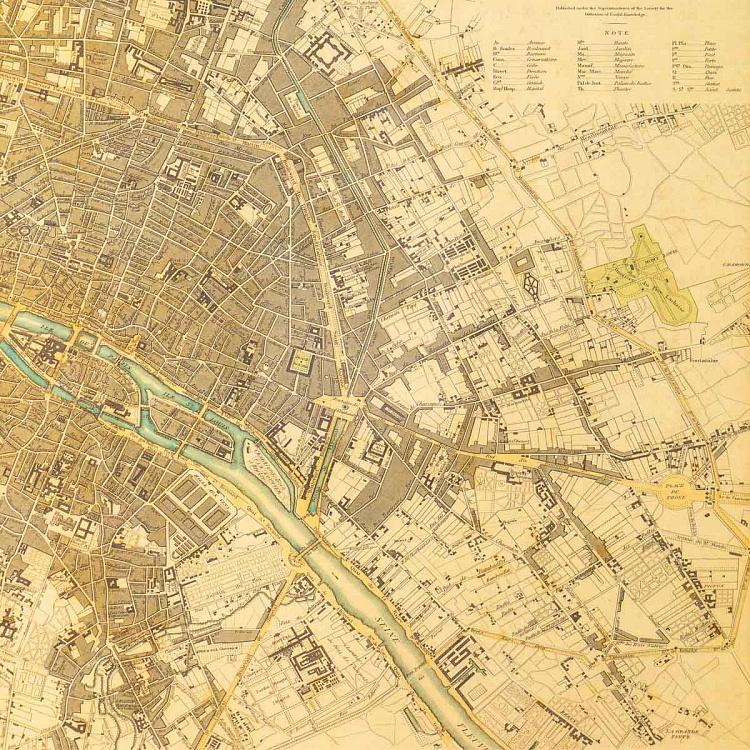 Винтажная картина-принт в чёрной с золотом раме Старинные карты Париж, Франция, 1834 Vintage Maps Paris, France, 1834, MP1 Frame