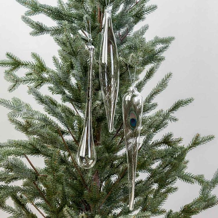 Набор из трёх ёлочных игрушек с пером павлина внутри Set Of 3 Glass Peacock Plume Icicle Drop 30 cm