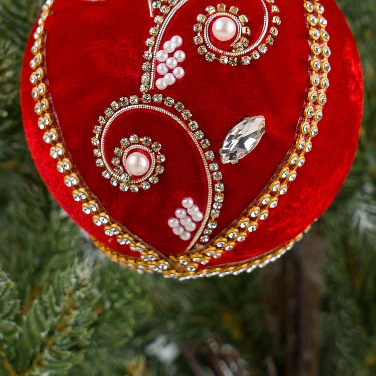 Ёлочная игрушка Красный шар с цветками из жемчуга и бисера Bead Pattern Velvet Ball Red 10 cm