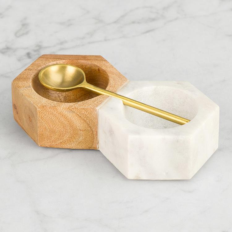Набор для специй из мрамора и дерева манго с ложечкой Set Of 2 Salt And Pepper Marble And Mango Wood