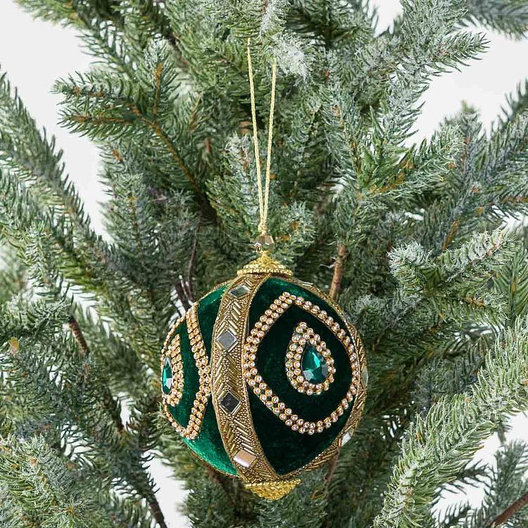 Ёлочная игрушка Зелёный шар с золотым орнаментом из страз Rhinestones Gold Ornament Ball Green 10 cm