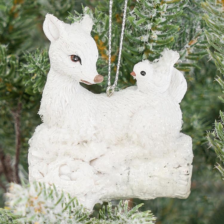 Набор из трёх ёлочных игрушек Олень, сова, белка Set Of 3 Snow Furry Deer Owl Squirrel White 12 cm