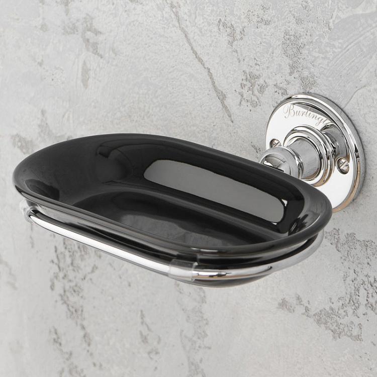 Настенная овальная чёрная мыльница в подставке цвета хром Soap Dish Chrome And Black