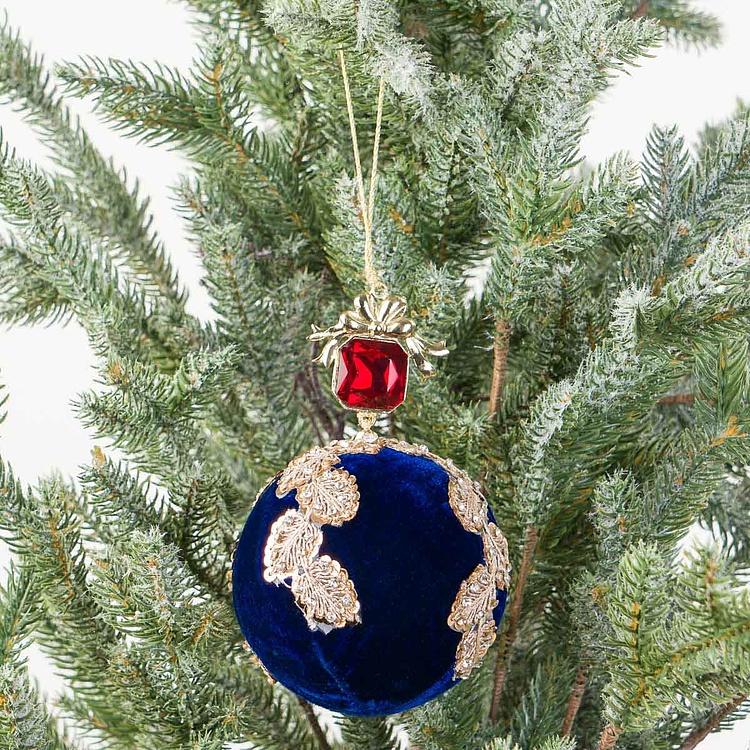 Ёлочная игрушка Синий бархатный шар с золотой аппликацией и бусиной Gold Applique And Bead Velvet Ball Blue 15 cm