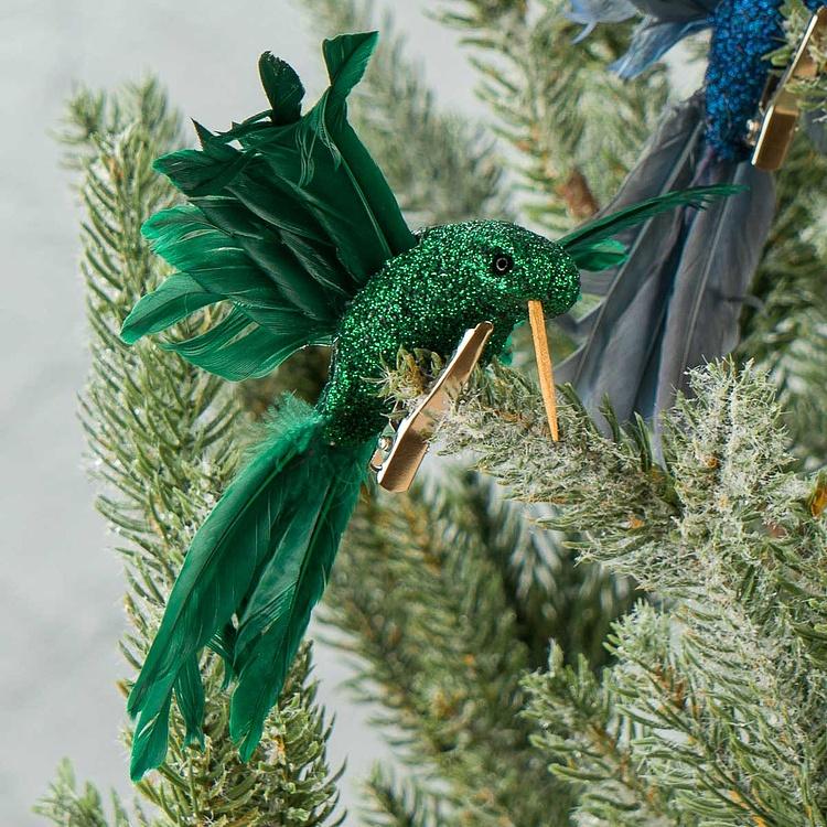 Набор из двух ёлочных игрушек на клипсе Колибри зелёная и синяя Set Of 2 Plume Fly Hummingbirds On Clip Green Blue 13 cm