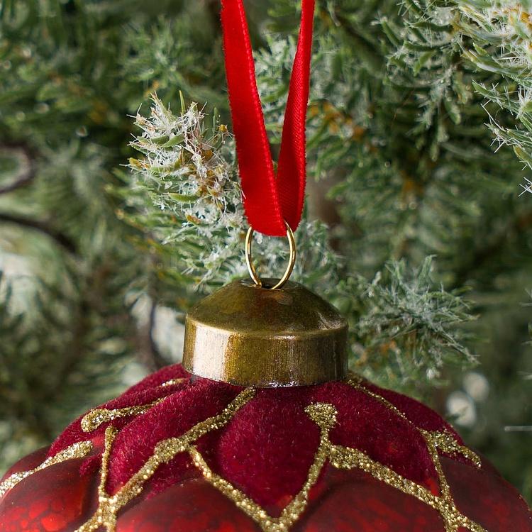 Ёлочная игрушка Бордовый шар с бархатными клетками Velvet Ball Burgundy 10 cm