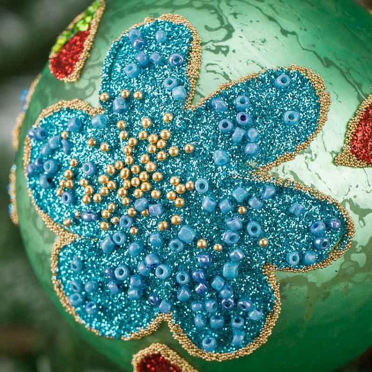 Ёлочная игрушка Зелёный Шар с цветком Ball With Flower Green 8 cm