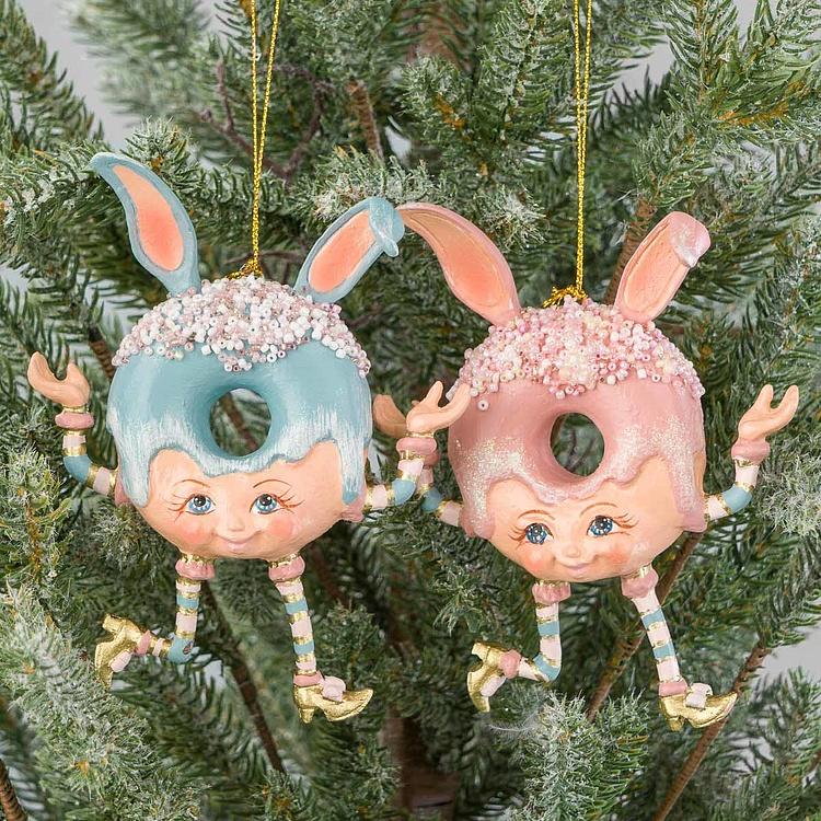 Набор из двух ёлочных игрушек Кролики-пончики Set Of 2 Candy Rabbit Donuts Blue Pink 14,5 cm
