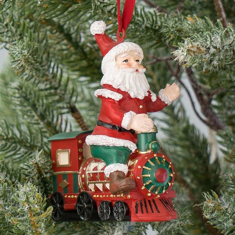Набор из двух ёлочных игрушек Санта-экспресс Set Of 2 Santa Riding Express Trains Red Green 10 cm